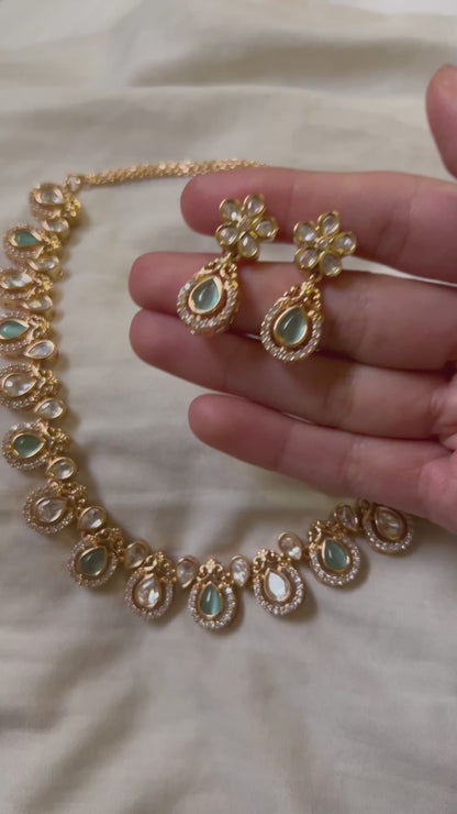 Mint Green Rose Gold Crystal Moissanite Polki Choker Set