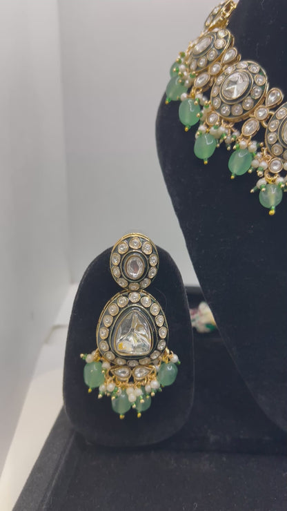 Green Moissanite Polki Kundan Stone Set