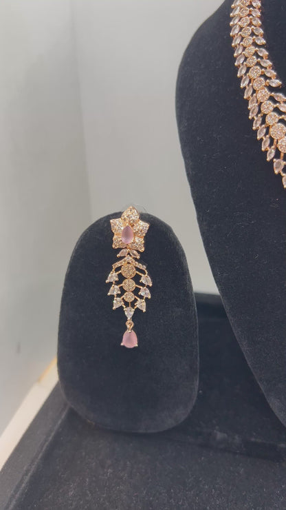 Pink Rose Gold White Zirconia Stone American Diamond Bridal Set