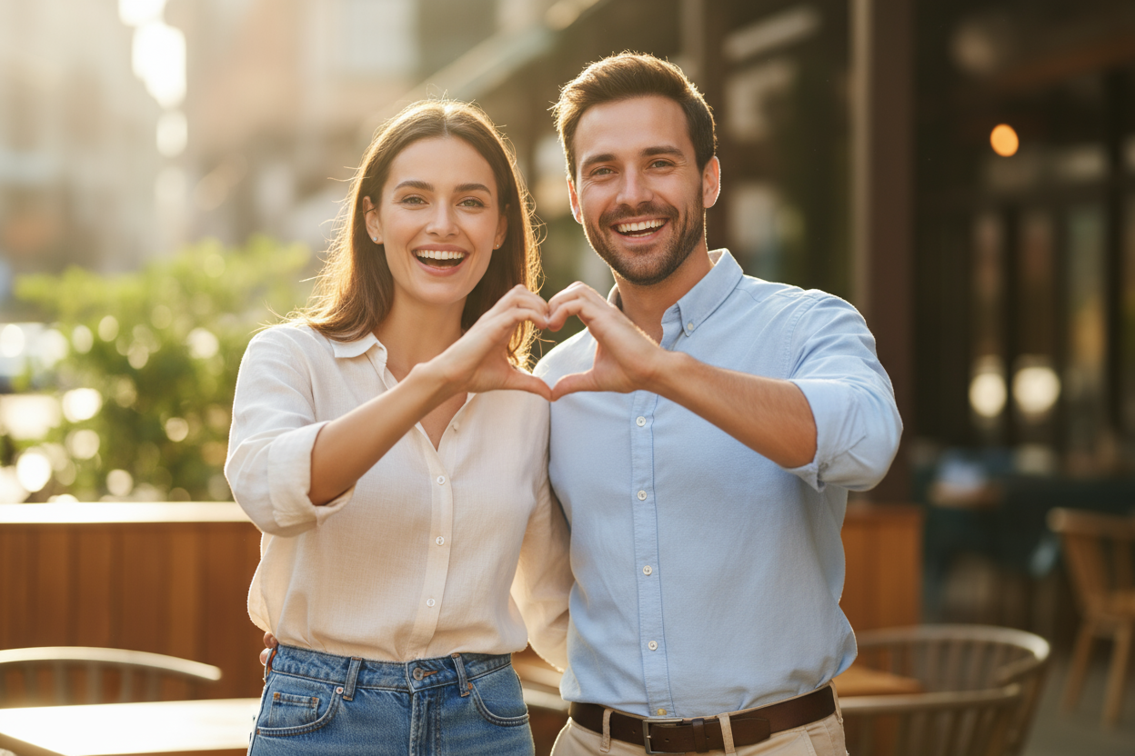woman and dude making heart with their hands