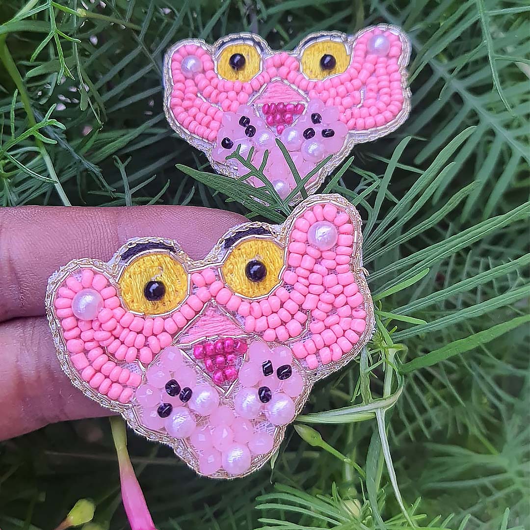 Pink Panther Cartoon Beaded Stud Earrings