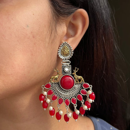 Deer Gold Silver Plated Statement Earrings Red