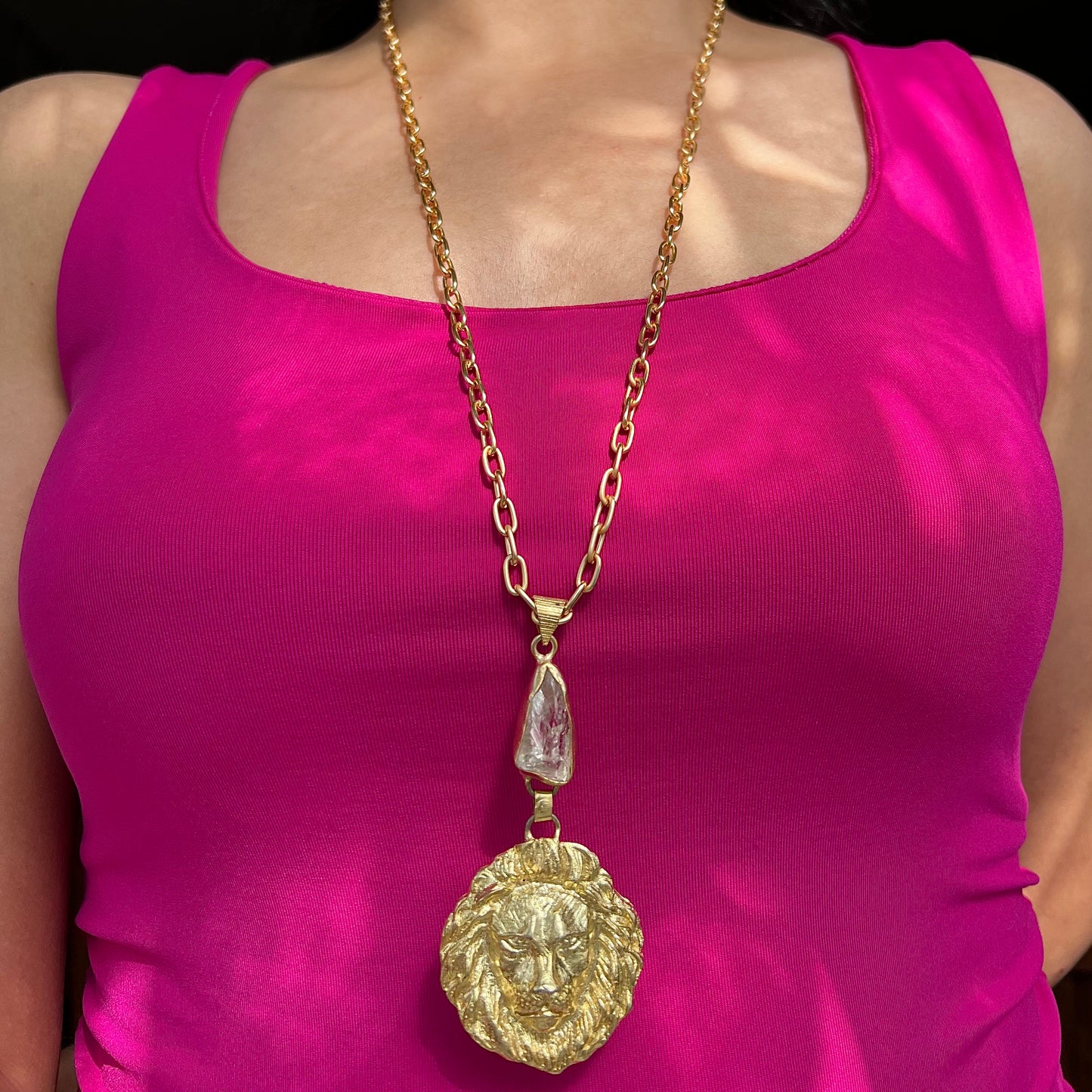 Lion Head Gold Plated Statement Pendant Chain