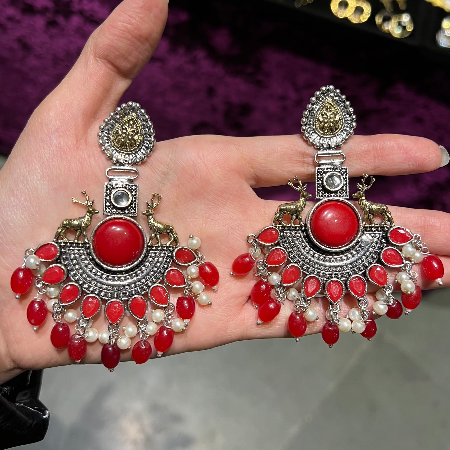 Deer Gold Silver Plated Statement Earrings Red