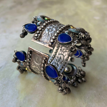 Melina Warrior Silver Antique Statement Bracelet (Blue)