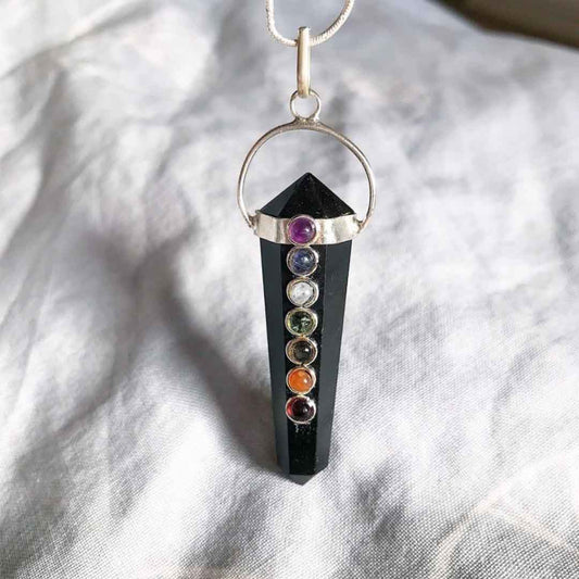 Black Tourmaline 7 Chakra Crystal Pendant